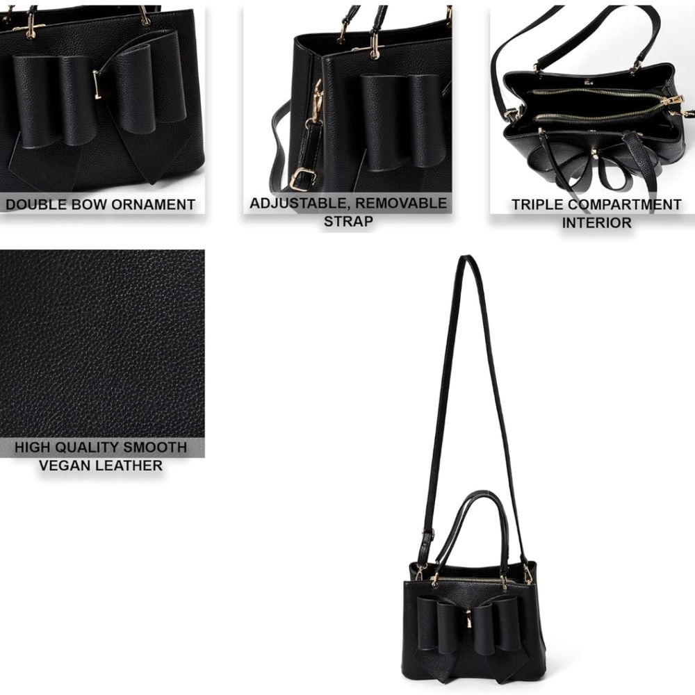 New!!! 3D Bow Vegan Leather 3-Way Wear Black Satchel, Crossbody, & Shoulder Bag - Picture 12 of 15